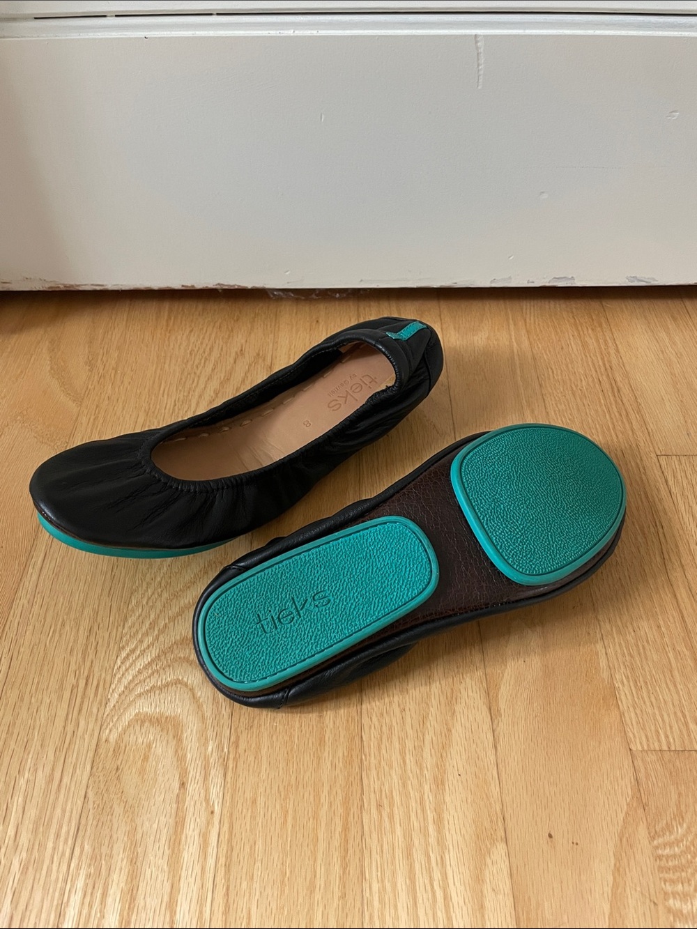 Tieks Black Ballet Flats with Teal Accents - Picture 2 of 6